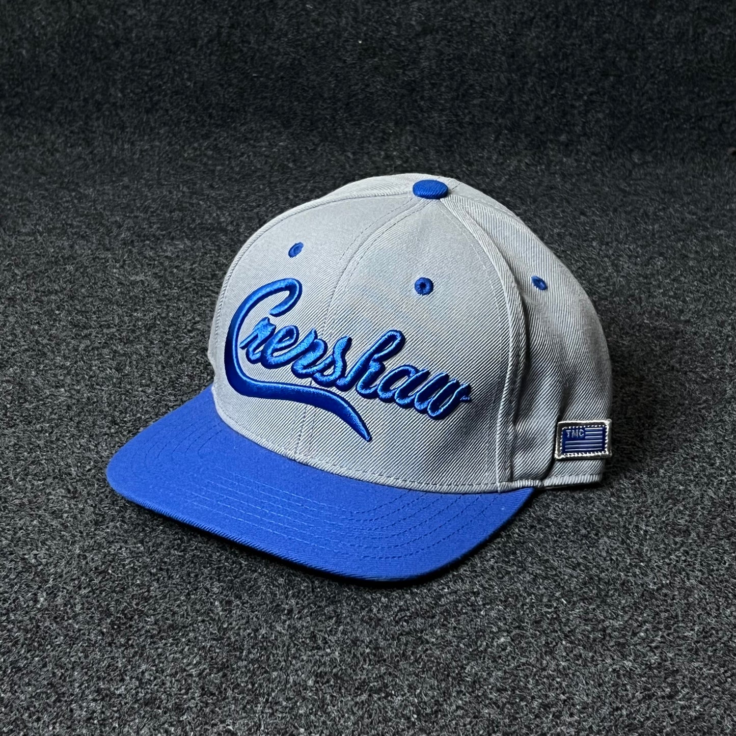 Crenshaw Script Flat Cap – Gray & Royal Blue