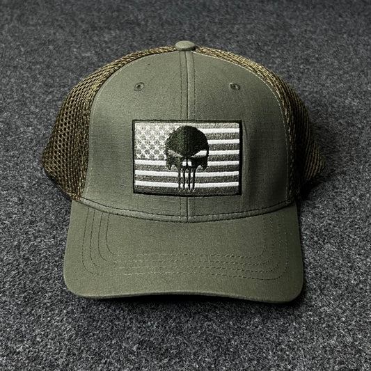 Tactical Punisher Flag Trucker Cap – Olive Green ( M size )
