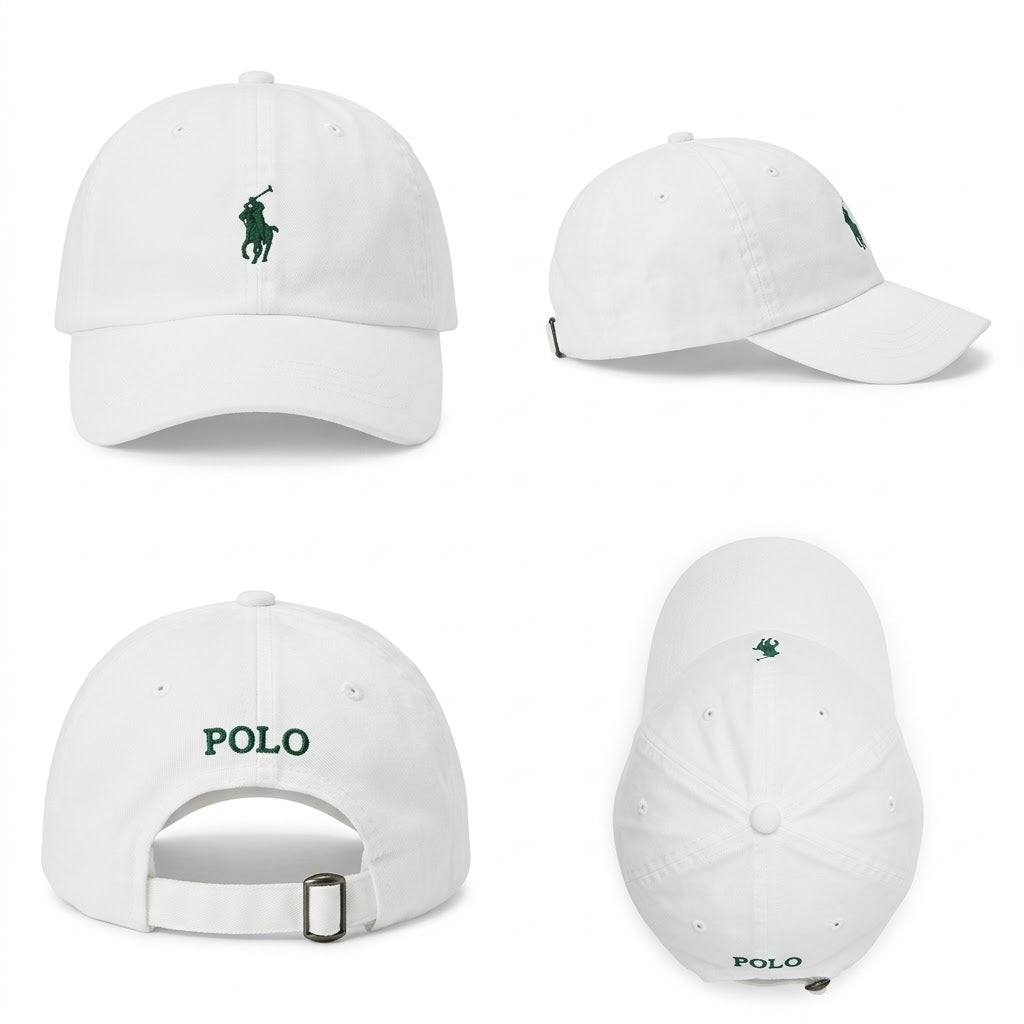 White Cap with Green Pony Embroidery