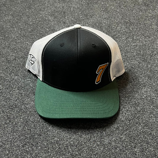 Number 7 Trucker Hat – Black, White & Green Mesh Snapback