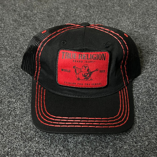 True Religion Trucker Hat – Black & Red Embroidered Snapback