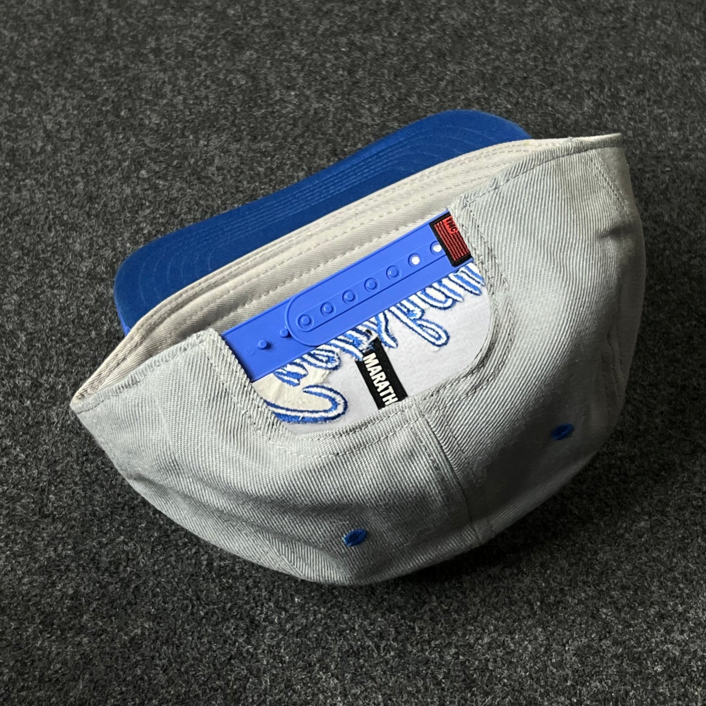 Crenshaw Script Flat Cap – Gray & Royal Blue