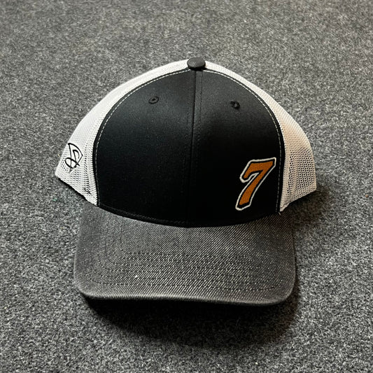 Number 7 Trucker Hat – Black, White & Distressed Gray Brim Snapback