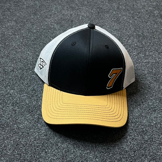 Number 7 Trucker Hat – Black, White & Gold Mesh Snapback