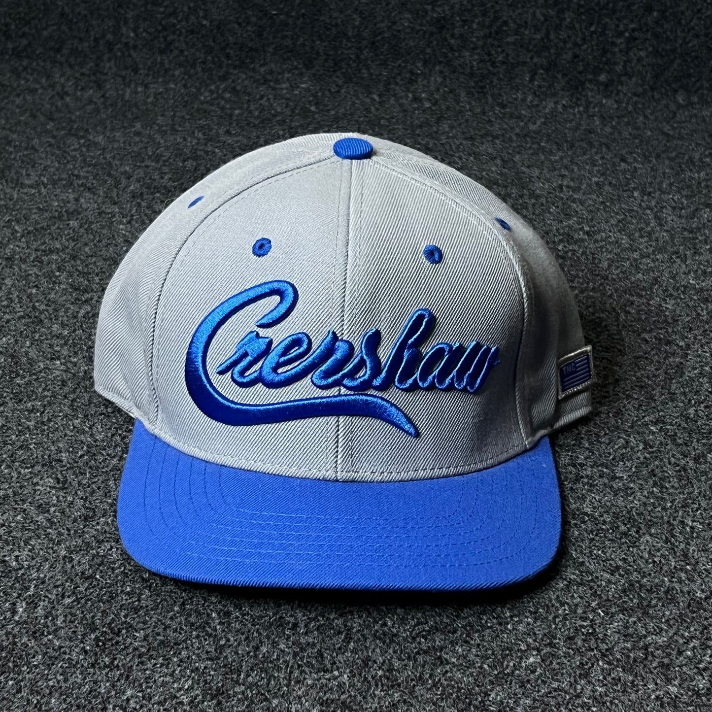 Crenshaw Script Flat Cap – Gray & Royal Blue