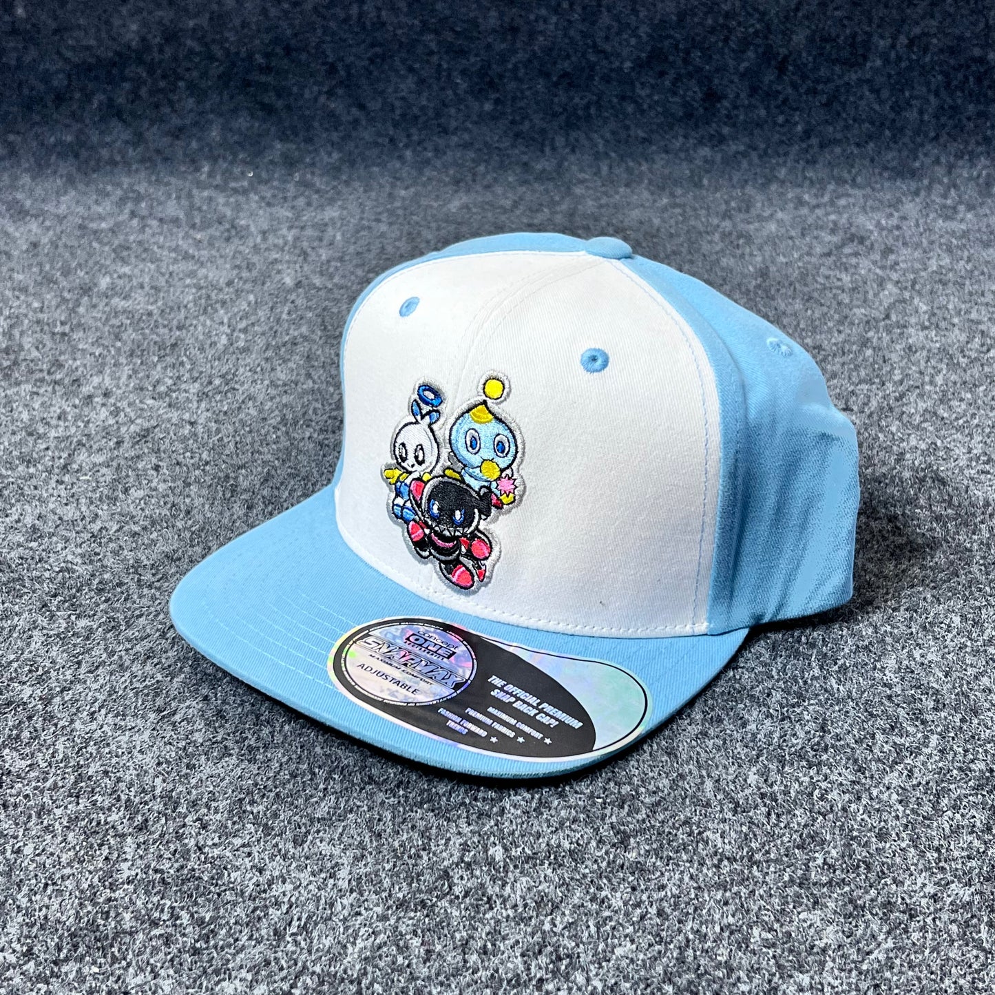 The Hedgehog Blue and White Chao Snapback Hat.