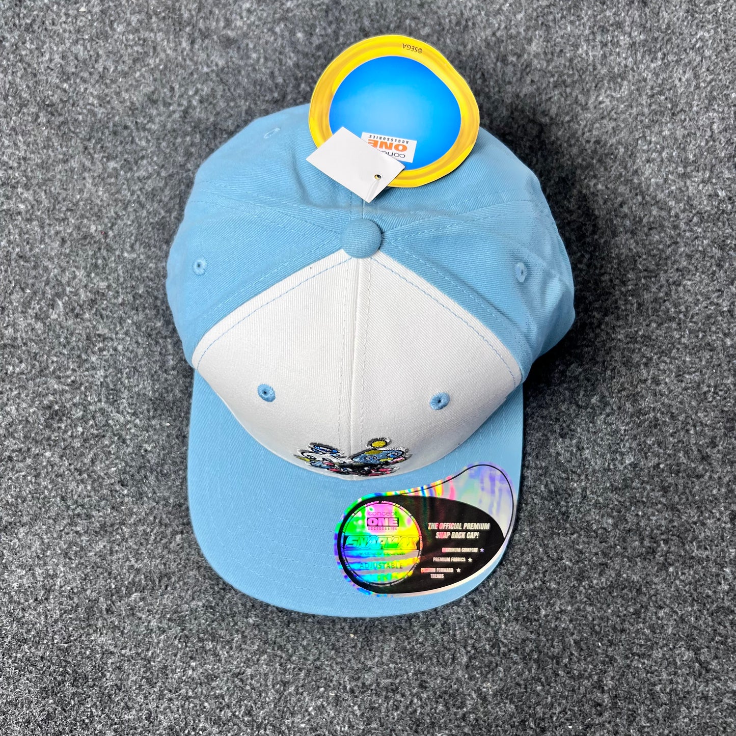 The Hedgehog Blue and White Chao Snapback Hat.