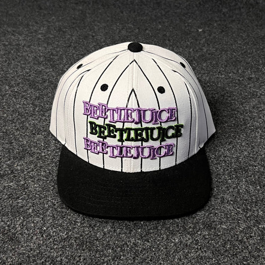 Beetlejuice pinstripe snapback hat. ( KIDS CAP AGE 6-18