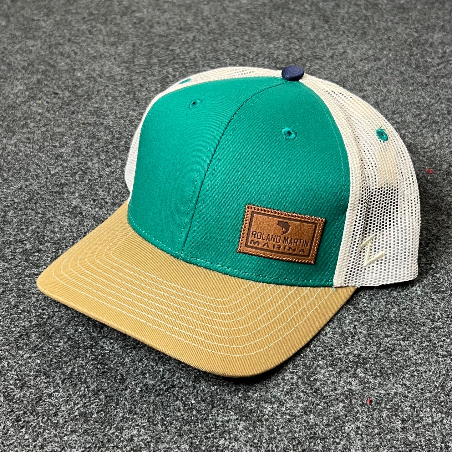 Richardson Trucker Hat β Green/Khaki with Leather Patch