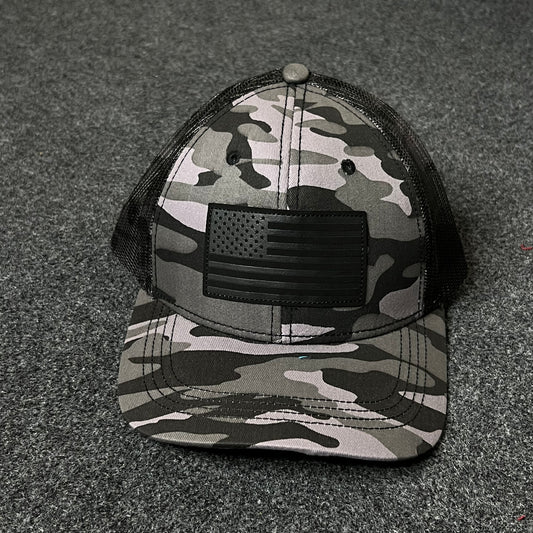Tactical Camo Trucker Hat – Blacked Out Flag Patch