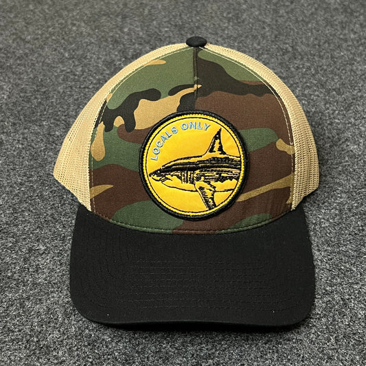 Salty Crew Camo & Black Trucker Hat – Yellow Shark Patch