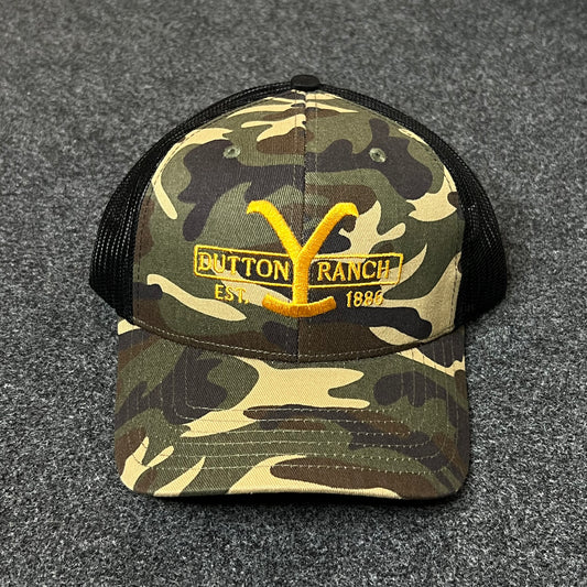 Y Ranch Camo Mesh Back Trucker Hat – Black & Gold