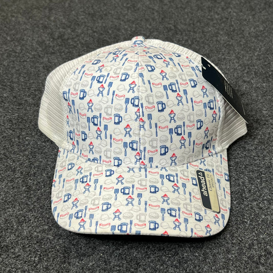 Budweiser Patterned Mesh Back Trucker Hat – White & Red/Blue Print
