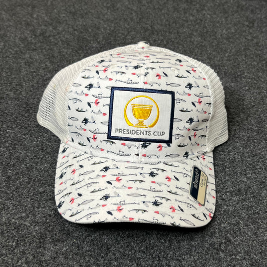 Presidents Cup Patterned Mesh Back Trucker Hat – White