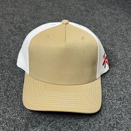 Tan & White Mesh Back Trucker Hat – Minimalist Style