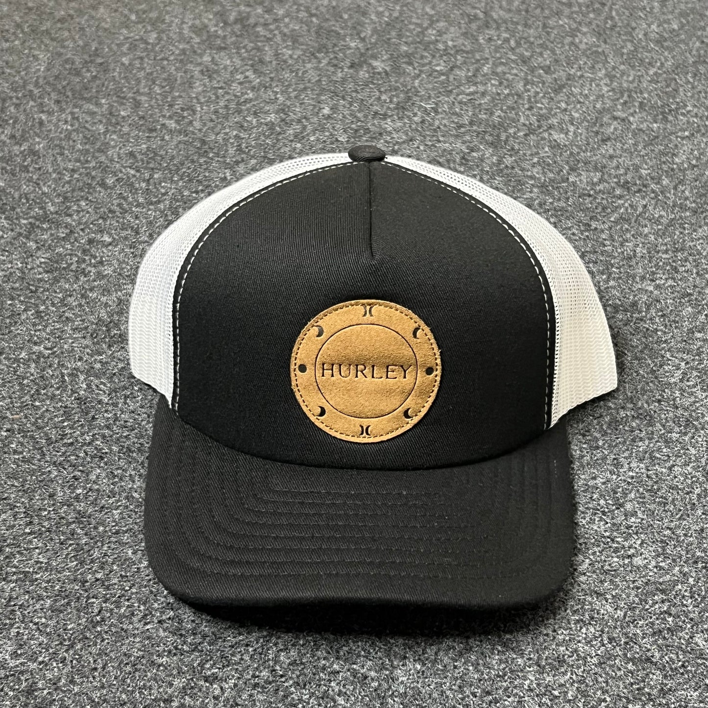 Hurley Leather Patch Mesh Back Trucker Hat – Black & White