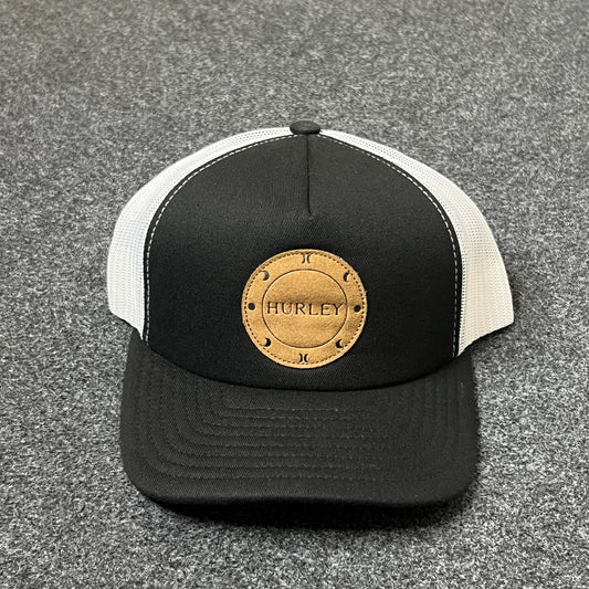 Hurley Leather Patch Mesh Back Trucker Hat – Black & White