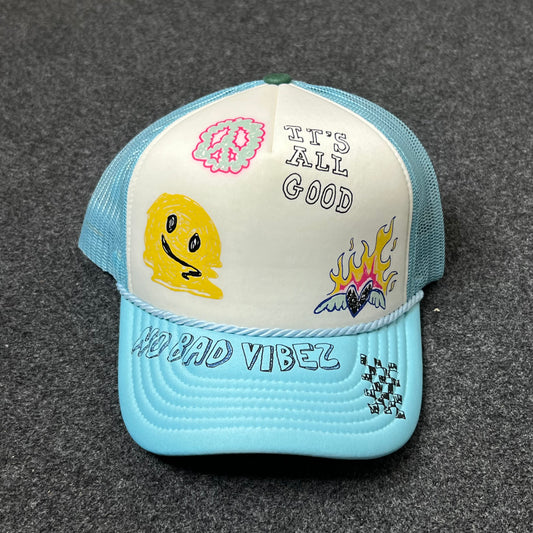 Good Vibes Mesh Back Baseball Cap – White & Light Blue