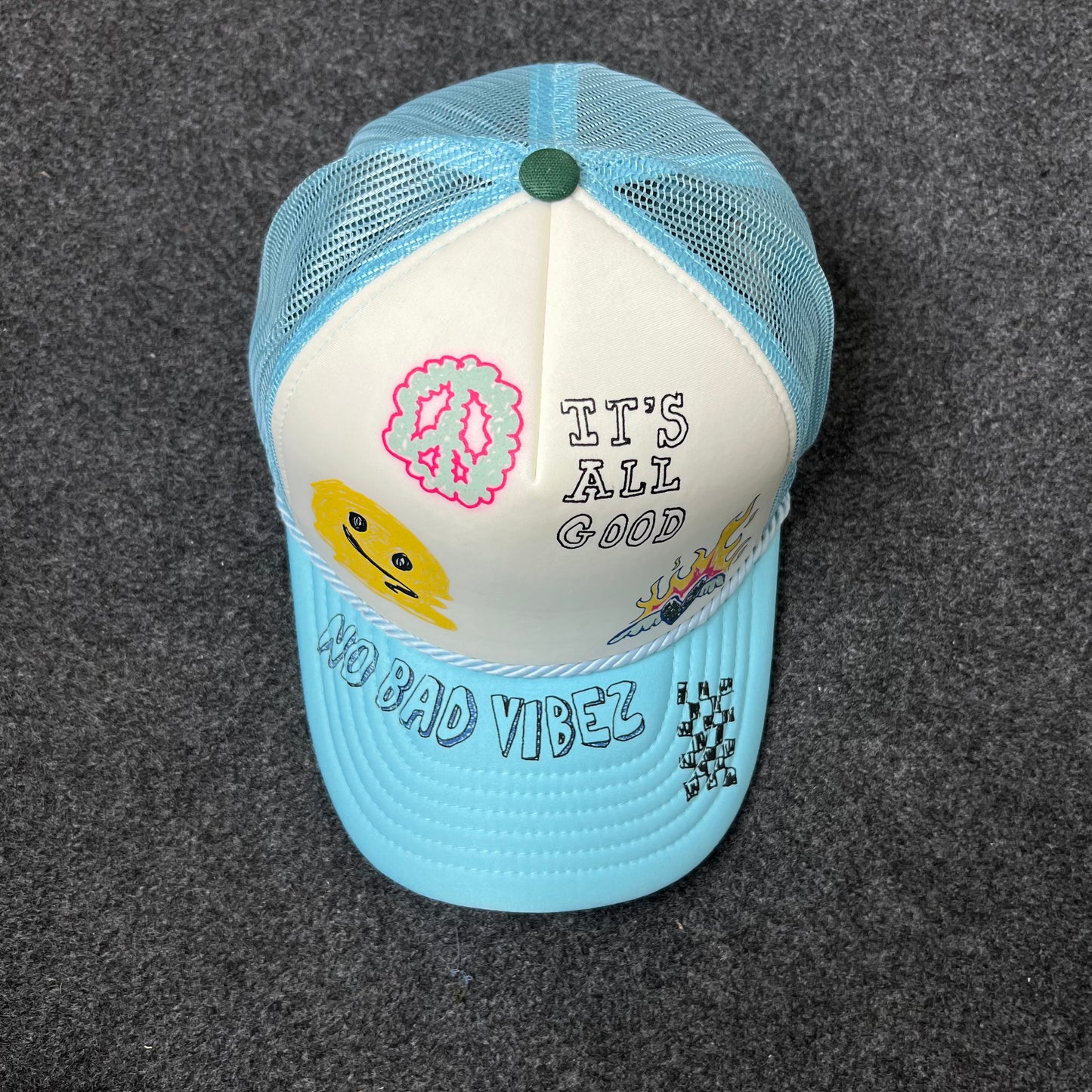 Good Vibes Mesh Back Baseball Cap – White & Light Blue