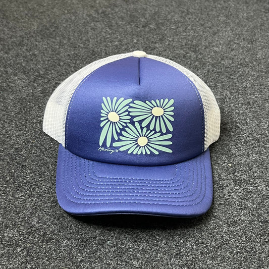Floral Graphic Mesh Back Baseball Cap – Blue & White