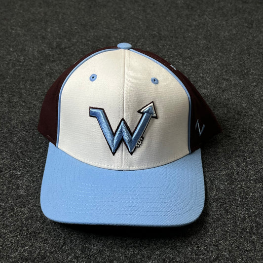 Fitted Baseball Cap – White, Sky Blue & Maroon ( S size )