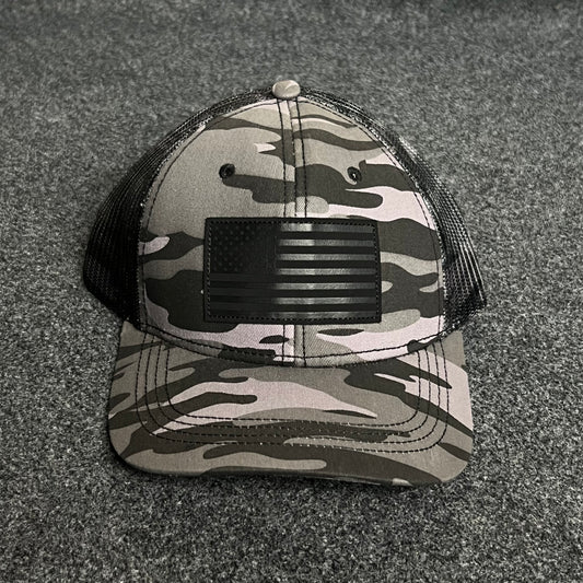 Camo American Flag Trucker Cap – Blackout Patch