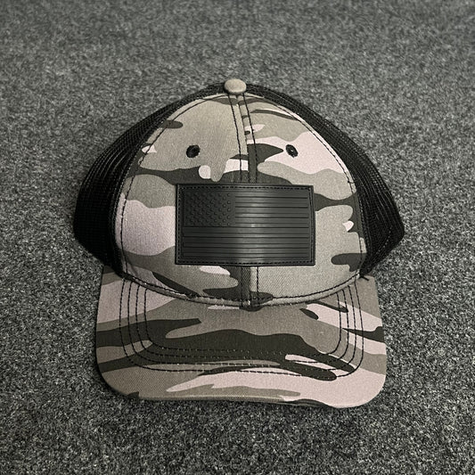 Camo Trucker Cap – Black Embroidered American Flag