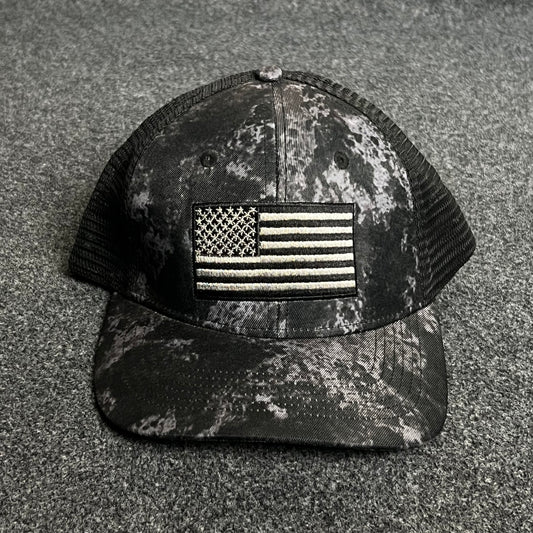 Black & Grey Camo Mesh Trucker Cap – American Flag Patch