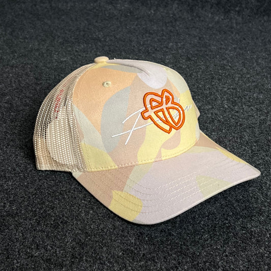 Beige Camo Mesh Trucker Cap – Orange Embroidered Logo