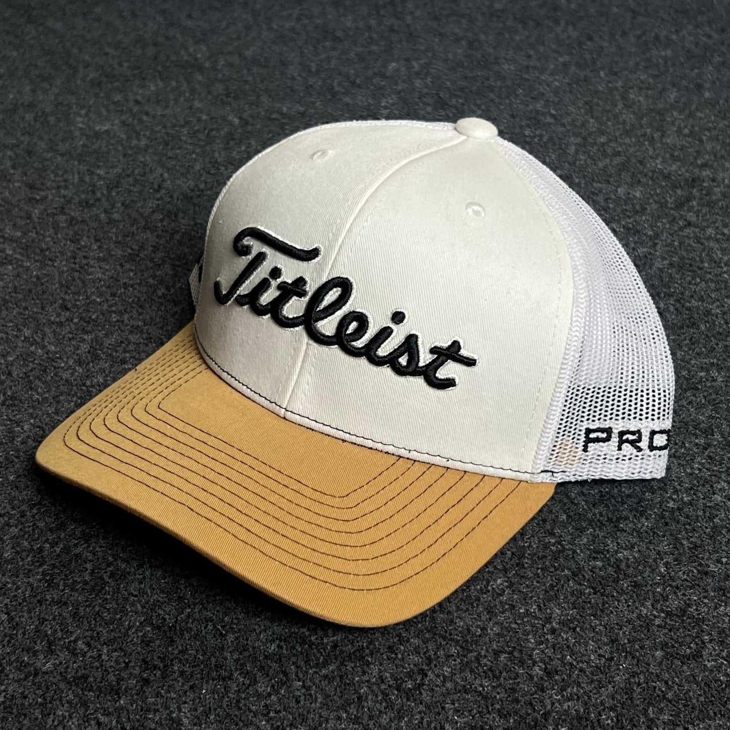 Titleist Mesh Trucker Cap – White & Tan Golf Edition