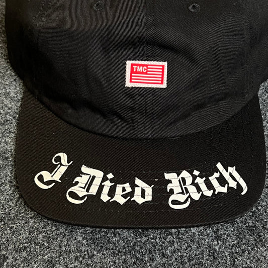 Unstructured Dad Cap – Black with Red Patch & White Gothic Brim Script
