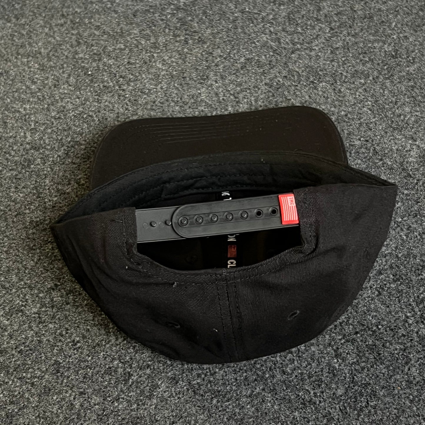 Unstructured Dad Cap – Black with Red Patch & White Gothic Brim Script