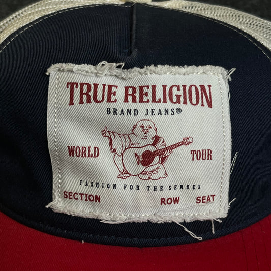 True Religion Mesh Trucker Cap – Navy, Red & White Mesh (Frayed Patch)