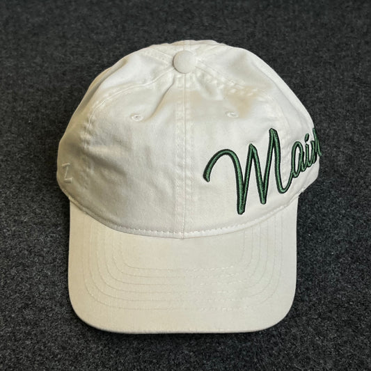 Unstructured Dad Cap – White “Maine” Script (Green Puff Embroidery)