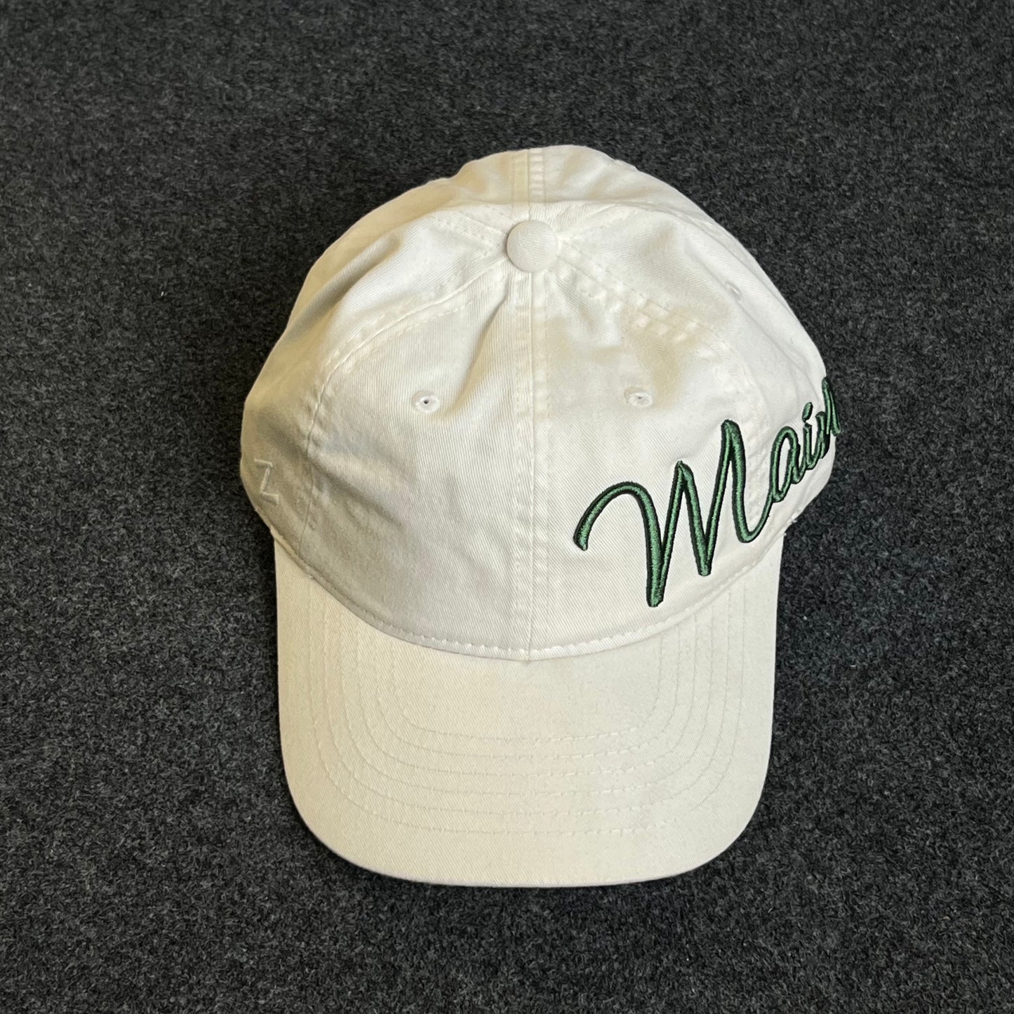 Unstructured Dad Cap – White “Maine” Script (Green Puff Embroidery)