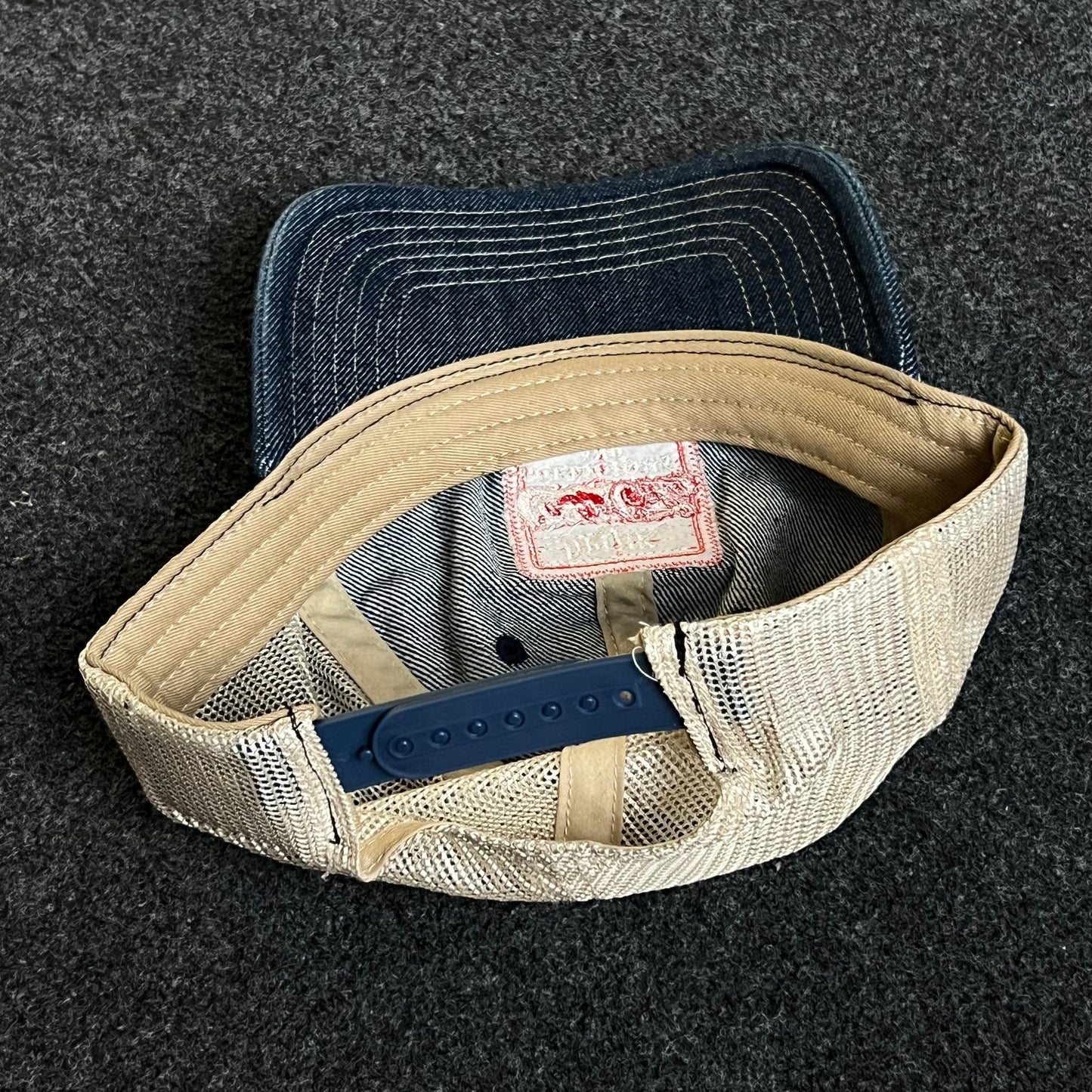 Mesh Trucker Cap – Denim Blue, Red Patch & Khaki Mesh