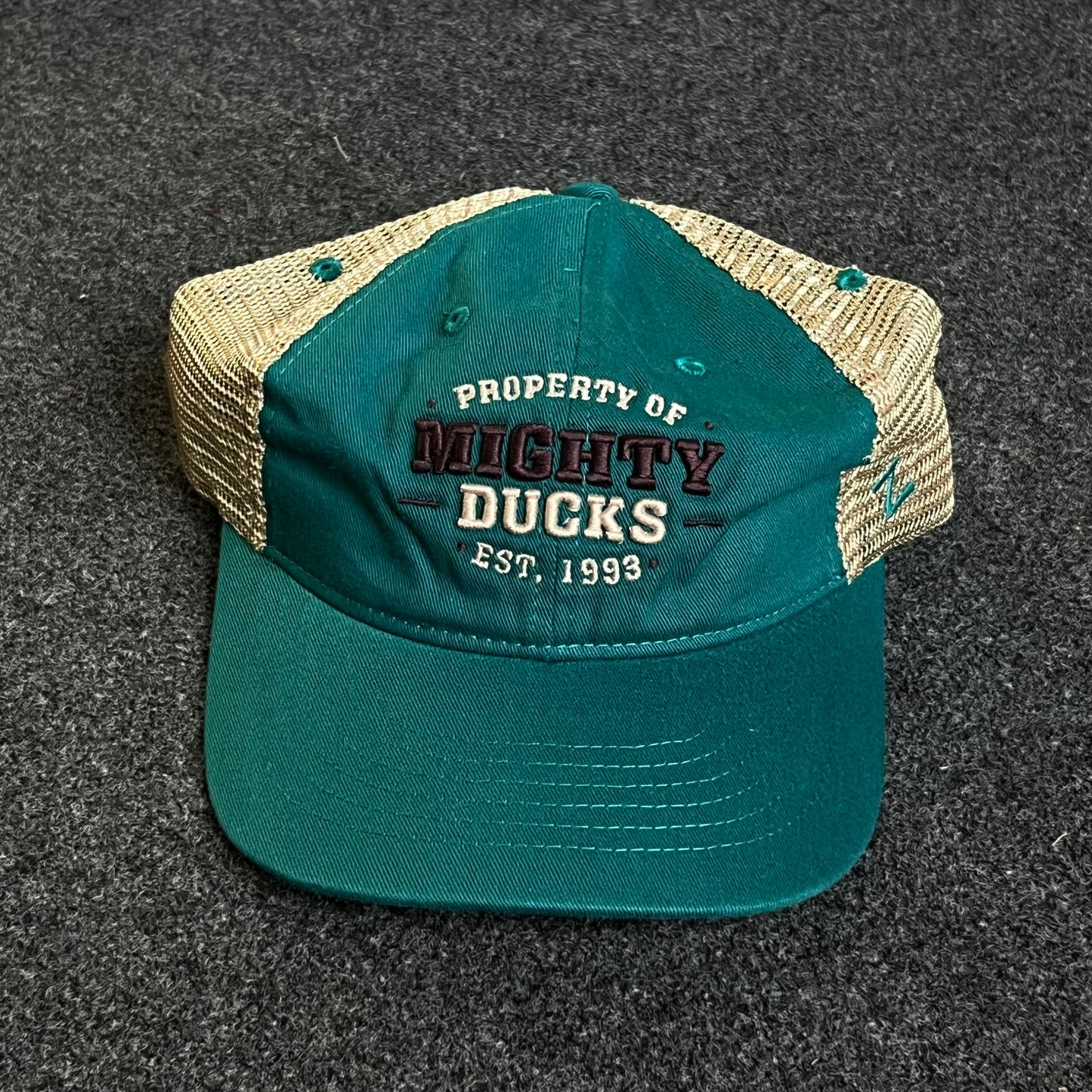 Mighty Ducks Mesh Trucker Cap – Teal & Khaki Mesh (“Property of Mighty Ducks • Est. 1993”)