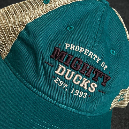 Mighty Ducks Mesh Trucker Cap – Teal & Khaki Mesh (“Property of Mighty Ducks • Est. 1993”)
