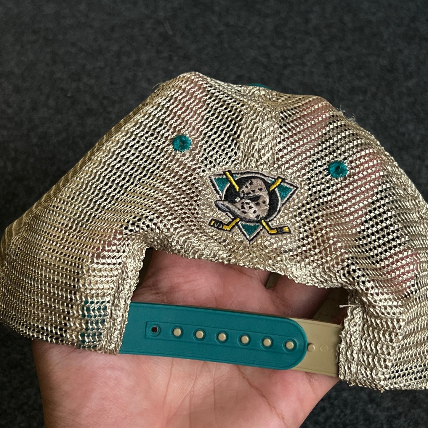 Mighty Ducks Mesh Trucker Cap – Teal & Khaki Mesh (“Property of Mighty Ducks • Est. 1993”)