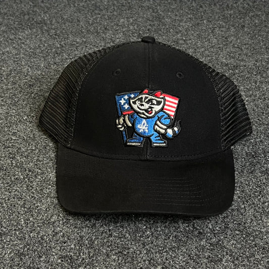 Bandit Raccoon American Flag Patch Trucker Hat.