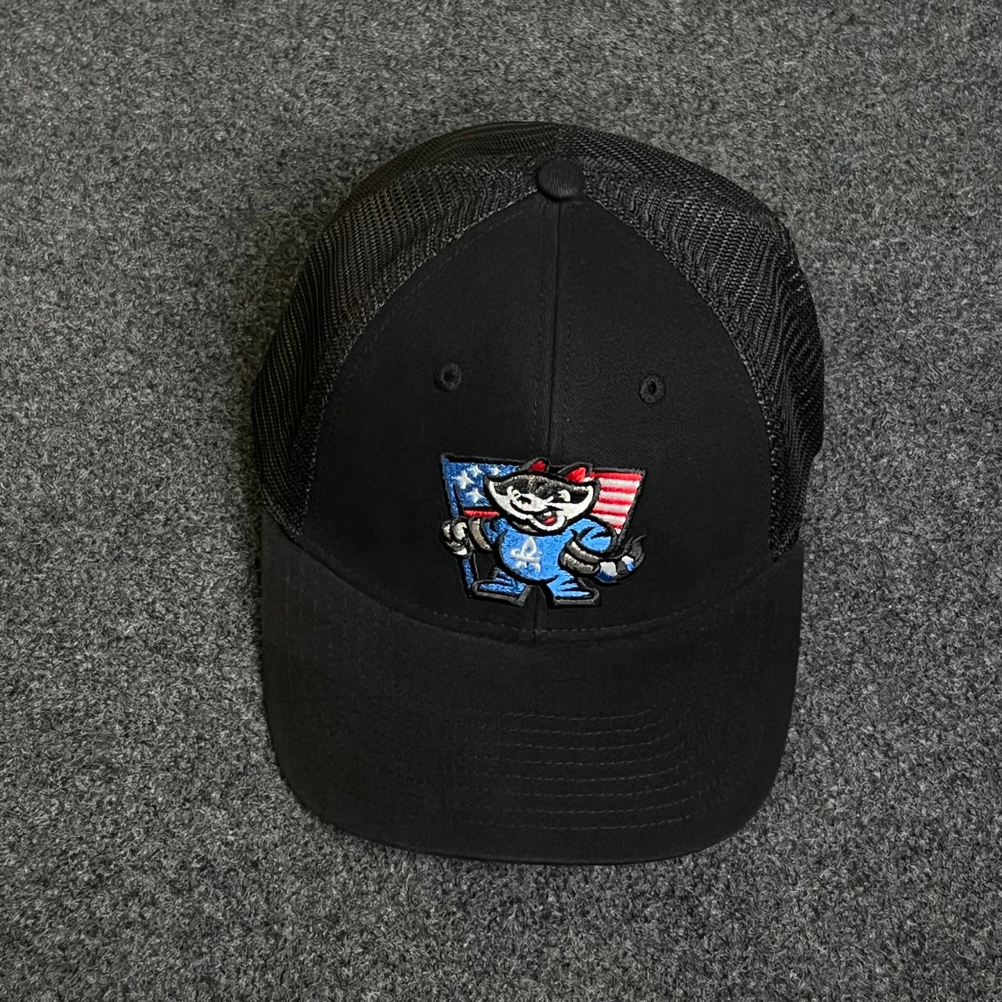 Bandit Raccoon American Flag Patch Trucker Hat.