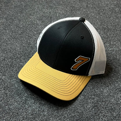 Number 7 Trucker Hat – Black, White & Gold Mesh Snapback