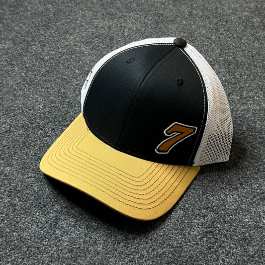 Number 7 Trucker Hat – Black, White & Gold Mesh Snapback