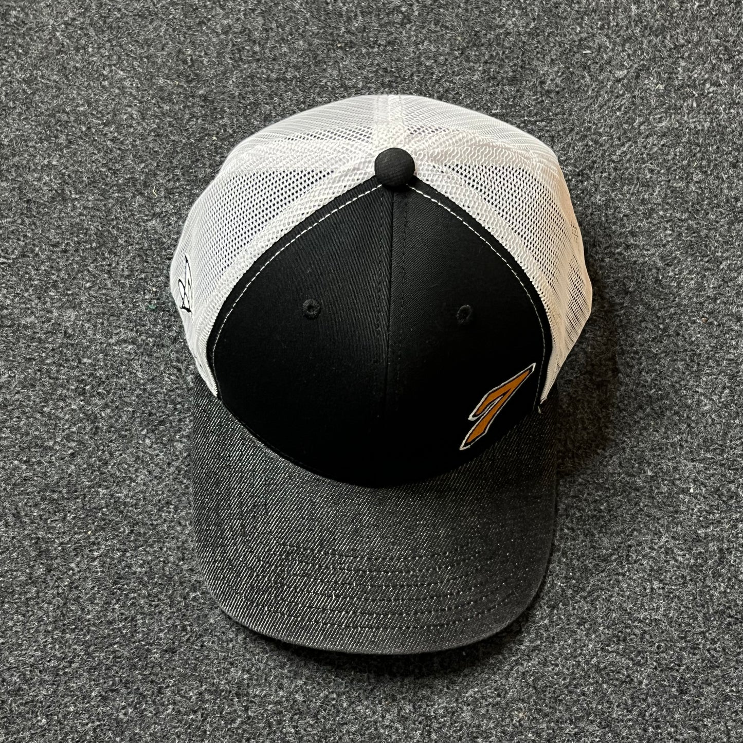 Number 7 Trucker Hat – Black, White & Distressed Gray Brim Snapback
