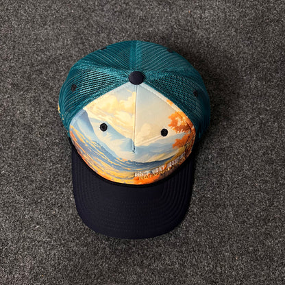 Trucker Hat featuring a nature-inspired landscape design