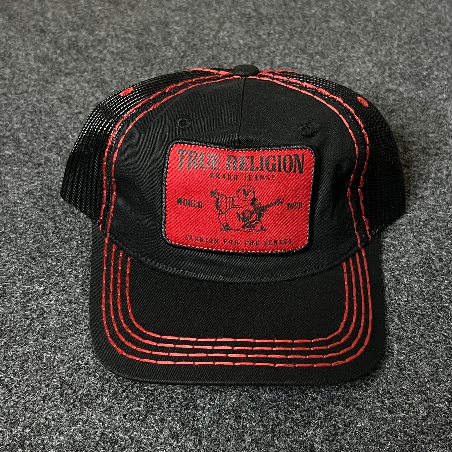 True Religion Trucker Hat – Black & Red Embroidered Snapback
