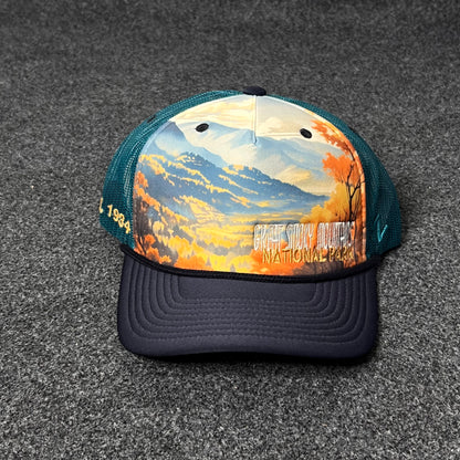 Trucker Hat featuring a nature-inspired landscape design