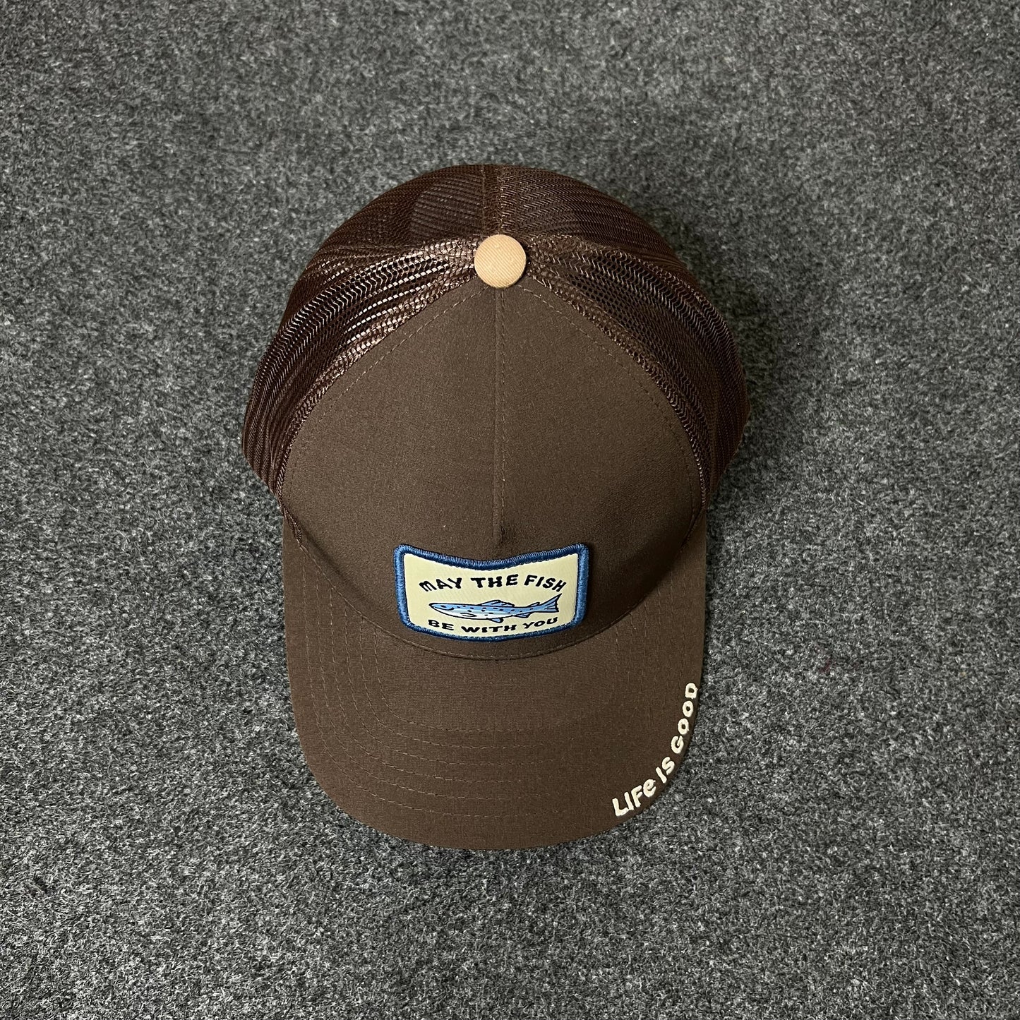 Life Is Good “May the Fish Be With You” Trucker Hat – Brown