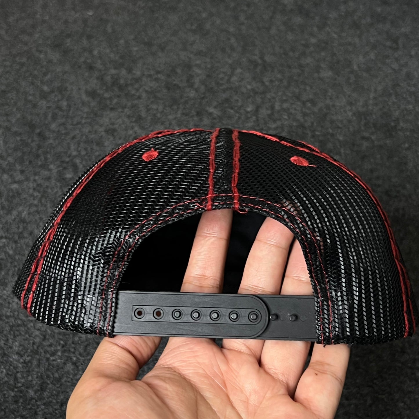 True Religion Trucker Hat – Black & Red Embroidered Snapback
