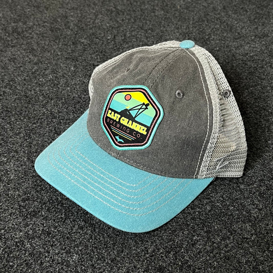 Clam Gulch Alaska Trucker Hat – Gray & Teal Mesh Cap